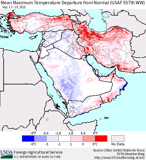 Middle East and Turkey Mean Maximum Temperature Departure from Normal (USAF 557th WW) Thematic Map For 9/13/2021 - 9/19/2021