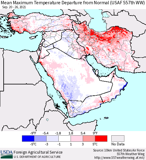 Middle East and Turkey Mean Maximum Temperature Departure from Normal (USAF 557th WW) Thematic Map For 9/20/2021 - 9/26/2021