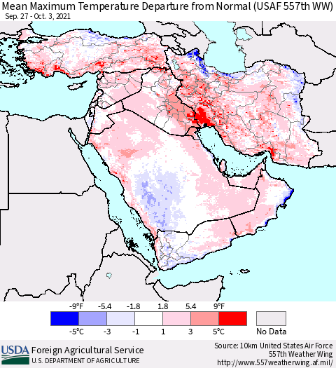 Middle East and Turkey Mean Maximum Temperature Departure from Normal (USAF 557th WW) Thematic Map For 9/27/2021 - 10/3/2021