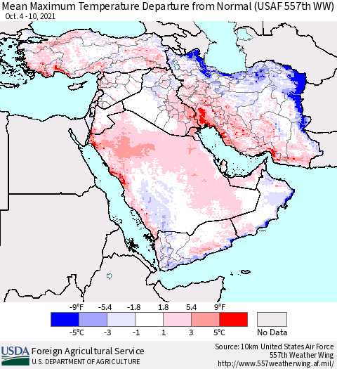 Middle East and Turkey Mean Maximum Temperature Departure from Normal (USAF 557th WW) Thematic Map For 10/4/2021 - 10/10/2021