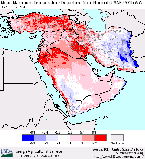Middle East and Turkey Mean Maximum Temperature Departure from Normal (USAF 557th WW) Thematic Map For 10/11/2021 - 10/17/2021