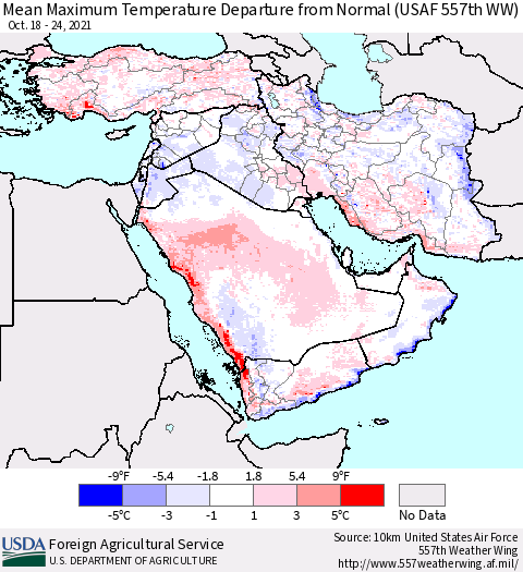 Middle East and Turkey Mean Maximum Temperature Departure from Normal (USAF 557th WW) Thematic Map For 10/18/2021 - 10/24/2021