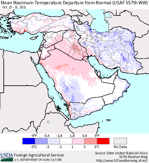 Middle East and Turkey Mean Maximum Temperature Departure from Normal (USAF 557th WW) Thematic Map For 10/25/2021 - 10/31/2021