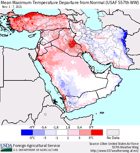 Middle East and Turkey Mean Maximum Temperature Departure from Normal (USAF 557th WW) Thematic Map For 11/1/2021 - 11/7/2021