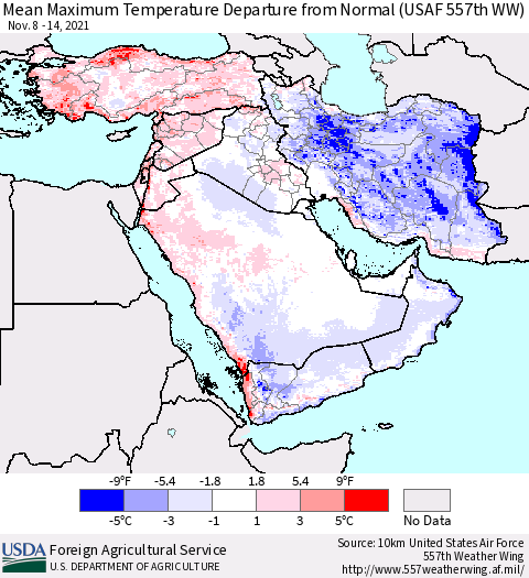 Middle East and Turkey Mean Maximum Temperature Departure from Normal (USAF 557th WW) Thematic Map For 11/8/2021 - 11/14/2021