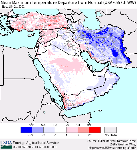 Middle East and Turkey Mean Maximum Temperature Departure from Normal (USAF 557th WW) Thematic Map For 11/15/2021 - 11/21/2021