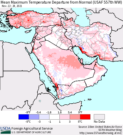 Middle East and Turkey Mean Maximum Temperature Departure from Normal (USAF 557th WW) Thematic Map For 11/22/2021 - 11/28/2021