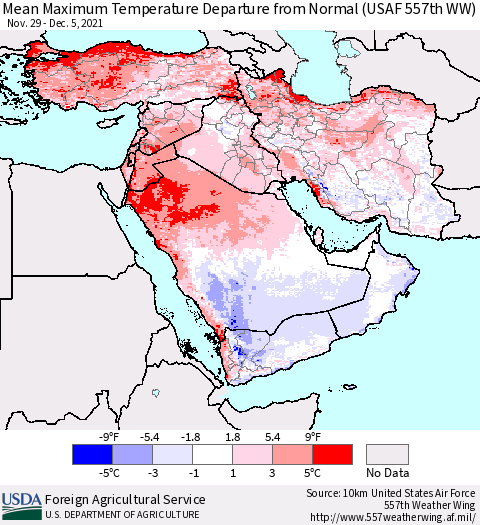Middle East and Turkey Mean Maximum Temperature Departure from Normal (USAF 557th WW) Thematic Map For 11/29/2021 - 12/5/2021