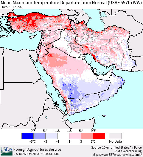 Middle East and Turkey Mean Maximum Temperature Departure from Normal (USAF 557th WW) Thematic Map For 12/6/2021 - 12/12/2021