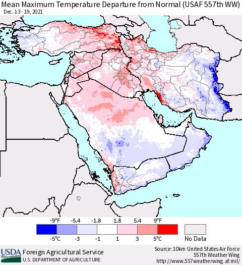 Middle East and Turkey Mean Maximum Temperature Departure from Normal (USAF 557th WW) Thematic Map For 12/13/2021 - 12/19/2021