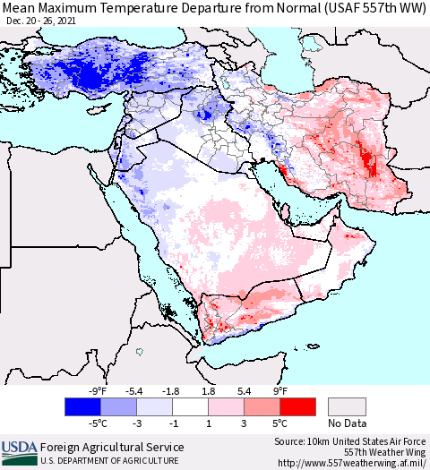 Middle East and Turkey Mean Maximum Temperature Departure from Normal (USAF 557th WW) Thematic Map For 12/20/2021 - 12/26/2021