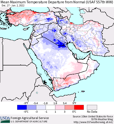 Middle East and Turkey Mean Maximum Temperature Departure from Normal (USAF 557th WW) Thematic Map For 12/27/2021 - 1/2/2022