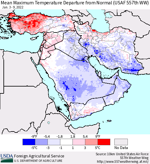 Middle East and Turkey Mean Maximum Temperature Departure from Normal (USAF 557th WW) Thematic Map For 1/3/2022 - 1/9/2022