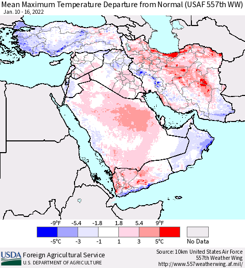 Middle East and Turkey Mean Maximum Temperature Departure from Normal (USAF 557th WW) Thematic Map For 1/10/2022 - 1/16/2022