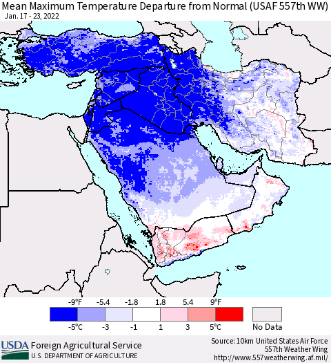 Middle East and Turkey Mean Maximum Temperature Departure from Normal (USAF 557th WW) Thematic Map For 1/17/2022 - 1/23/2022
