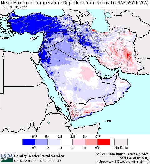 Middle East and Turkey Mean Maximum Temperature Departure from Normal (USAF 557th WW) Thematic Map For 1/24/2022 - 1/30/2022