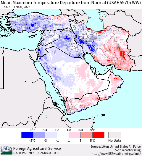 Middle East and Turkey Mean Maximum Temperature Departure from Normal (USAF 557th WW) Thematic Map For 1/31/2022 - 2/6/2022