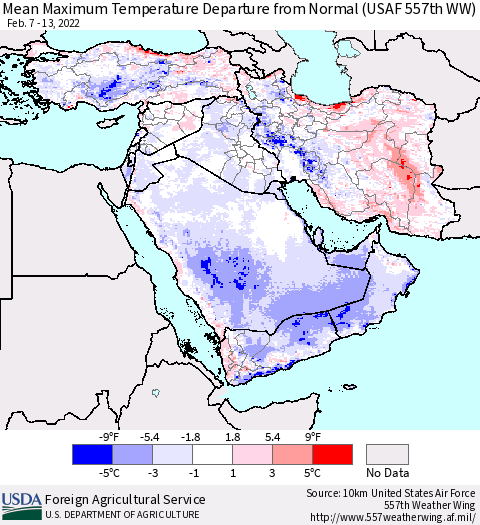 Middle East and Turkey Mean Maximum Temperature Departure from Normal (USAF 557th WW) Thematic Map For 2/7/2022 - 2/13/2022