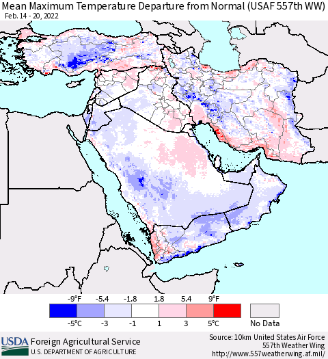 Middle East and Turkey Mean Maximum Temperature Departure from Normal (USAF 557th WW) Thematic Map For 2/14/2022 - 2/20/2022