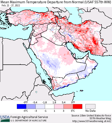 Middle East and Turkey Mean Maximum Temperature Departure from Normal (USAF 557th WW) Thematic Map For 2/21/2022 - 2/27/2022