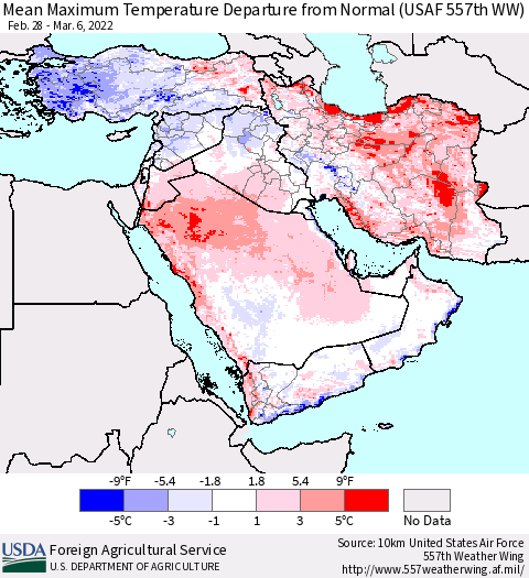 Middle East and Turkey Mean Maximum Temperature Departure from Normal (USAF 557th WW) Thematic Map For 2/28/2022 - 3/6/2022