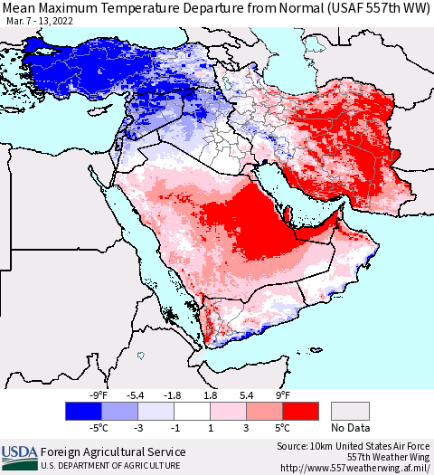 Middle East and Turkey Mean Maximum Temperature Departure from Normal (USAF 557th WW) Thematic Map For 3/7/2022 - 3/13/2022