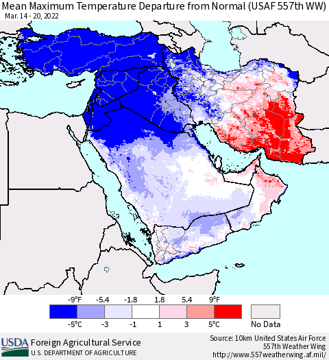 Middle East and Turkey Mean Maximum Temperature Departure from Normal (USAF 557th WW) Thematic Map For 3/14/2022 - 3/20/2022