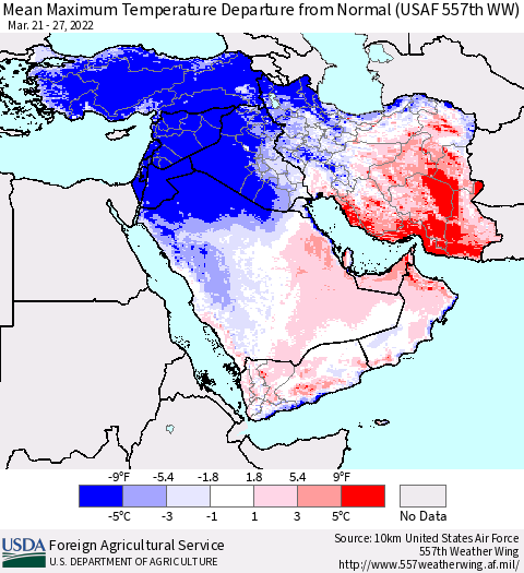 Middle East and Turkey Mean Maximum Temperature Departure from Normal (USAF 557th WW) Thematic Map For 3/21/2022 - 3/27/2022
