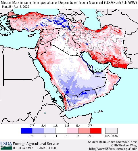 Middle East and Turkey Mean Maximum Temperature Departure from Normal (USAF 557th WW) Thematic Map For 3/28/2022 - 4/3/2022