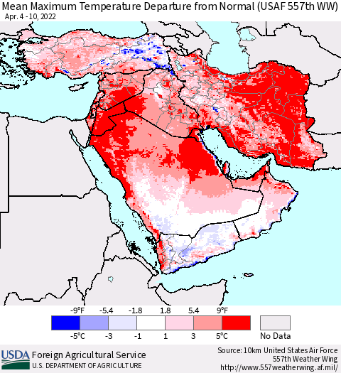Middle East and Turkey Mean Maximum Temperature Departure from Normal (USAF 557th WW) Thematic Map For 4/4/2022 - 4/10/2022