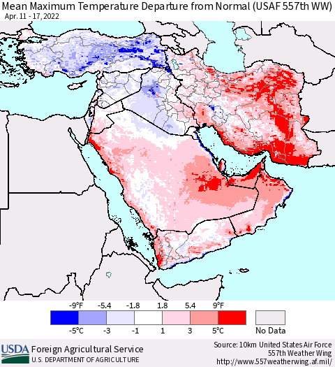 Middle East and Turkey Mean Maximum Temperature Departure from Normal (USAF 557th WW) Thematic Map For 4/11/2022 - 4/17/2022