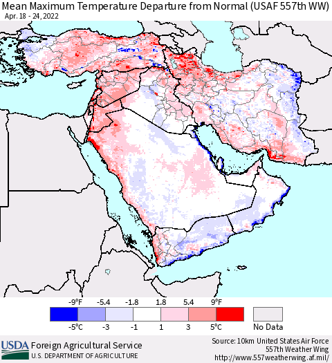 Middle East and Turkey Mean Maximum Temperature Departure from Normal (USAF 557th WW) Thematic Map For 4/18/2022 - 4/24/2022