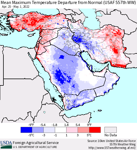 Middle East and Turkey Mean Maximum Temperature Departure from Normal (USAF 557th WW) Thematic Map For 4/25/2022 - 5/1/2022