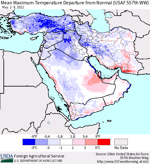 Middle East and Turkey Mean Maximum Temperature Departure from Normal (USAF 557th WW) Thematic Map For 5/2/2022 - 5/8/2022