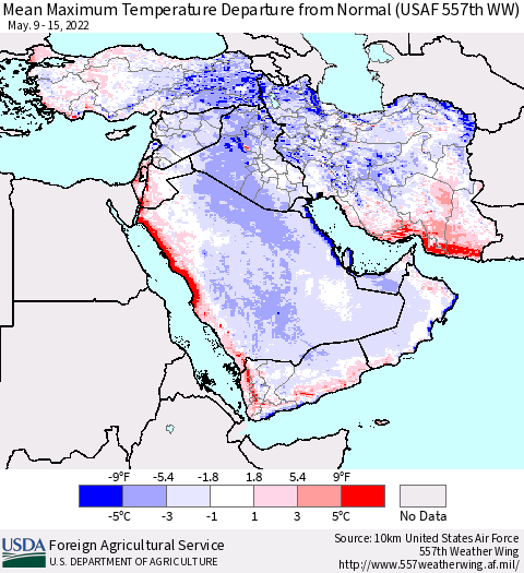 Middle East and Turkey Mean Maximum Temperature Departure from Normal (USAF 557th WW) Thematic Map For 5/9/2022 - 5/15/2022