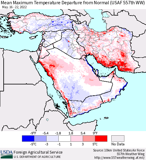 Middle East and Turkey Mean Maximum Temperature Departure from Normal (USAF 557th WW) Thematic Map For 5/16/2022 - 5/22/2022