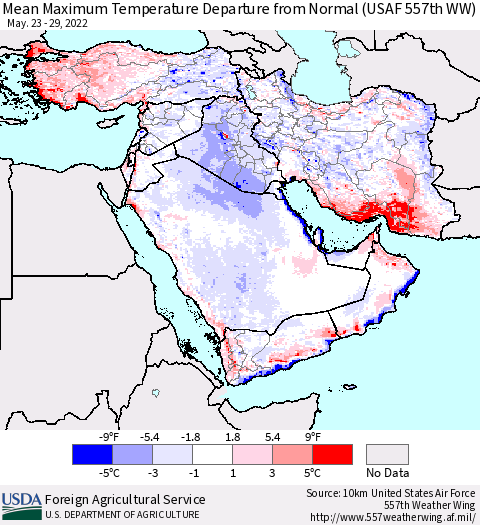 Middle East and Turkey Mean Maximum Temperature Departure from Normal (USAF 557th WW) Thematic Map For 5/23/2022 - 5/29/2022