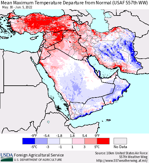 Middle East and Turkey Mean Maximum Temperature Departure from Normal (USAF 557th WW) Thematic Map For 5/30/2022 - 6/5/2022
