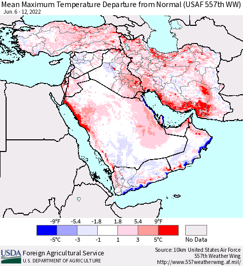 Middle East and Turkey Mean Maximum Temperature Departure from Normal (USAF 557th WW) Thematic Map For 6/6/2022 - 6/12/2022