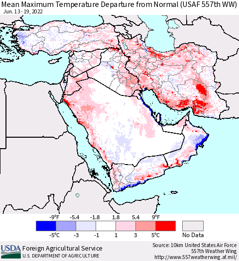 Middle East and Turkey Mean Maximum Temperature Departure from Normal (USAF 557th WW) Thematic Map For 6/13/2022 - 6/19/2022