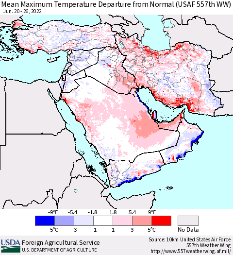 Middle East and Turkey Mean Maximum Temperature Departure from Normal (USAF 557th WW) Thematic Map For 6/20/2022 - 6/26/2022