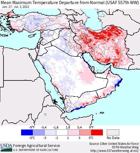 Middle East and Turkey Mean Maximum Temperature Departure from Normal (USAF 557th WW) Thematic Map For 6/27/2022 - 7/3/2022