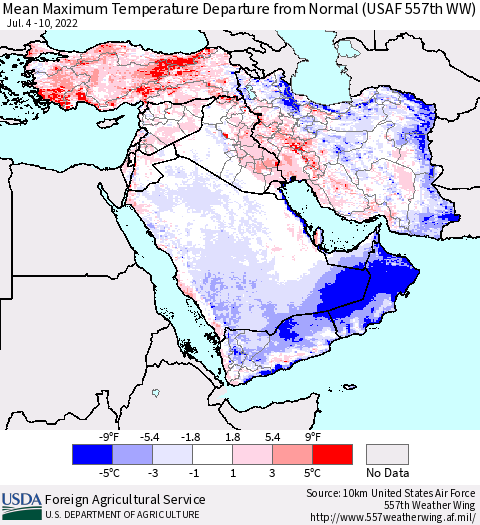 Middle East and Turkey Mean Maximum Temperature Departure from Normal (USAF 557th WW) Thematic Map For 7/4/2022 - 7/10/2022