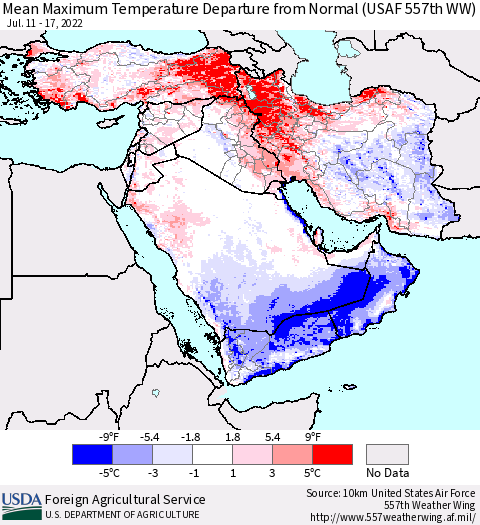 Middle East and Turkey Mean Maximum Temperature Departure from Normal (USAF 557th WW) Thematic Map For 7/11/2022 - 7/17/2022