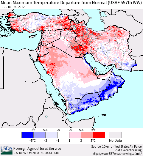 Middle East and Turkey Mean Maximum Temperature Departure from Normal (USAF 557th WW) Thematic Map For 7/18/2022 - 7/24/2022