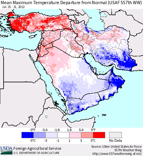 Middle East and Turkey Mean Maximum Temperature Departure from Normal (USAF 557th WW) Thematic Map For 7/25/2022 - 7/31/2022