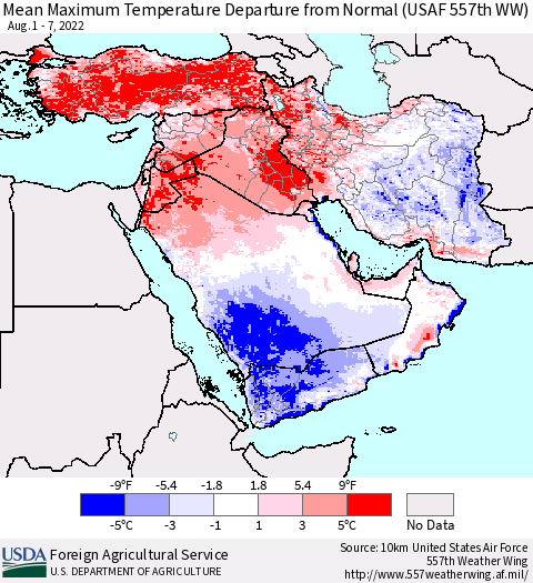 Middle East and Turkey Mean Maximum Temperature Departure from Normal (USAF 557th WW) Thematic Map For 8/1/2022 - 8/7/2022