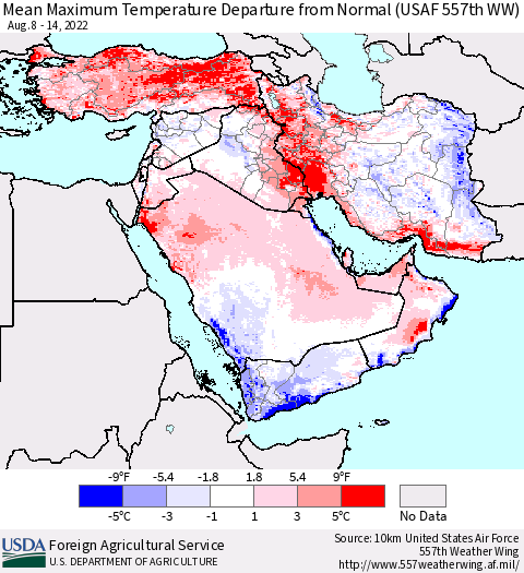 Middle East and Turkey Mean Maximum Temperature Departure from Normal (USAF 557th WW) Thematic Map For 8/8/2022 - 8/14/2022
