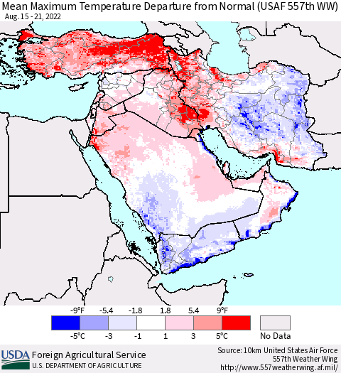 Middle East and Turkey Mean Maximum Temperature Departure from Normal (USAF 557th WW) Thematic Map For 8/15/2022 - 8/21/2022