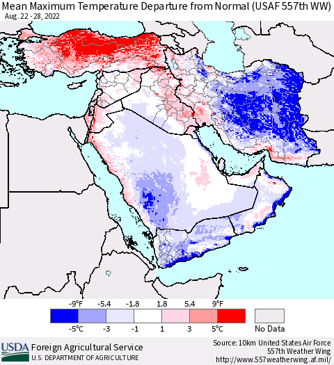 Middle East and Turkey Mean Maximum Temperature Departure from Normal (USAF 557th WW) Thematic Map For 8/22/2022 - 8/28/2022